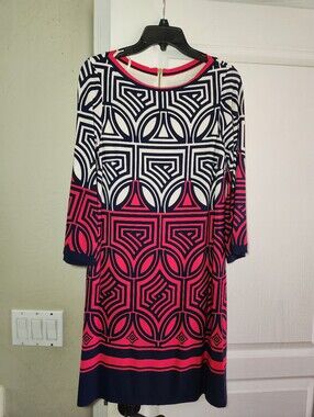 Eliza J Geometric Print Navy and Pink Shift Dress. Size 8
